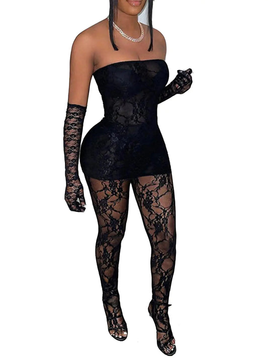 2 Piece Outfits for Women Sexy Lace Tube Mini Dress Top with Stockings Legging Set Birthday Outfits Medium Black