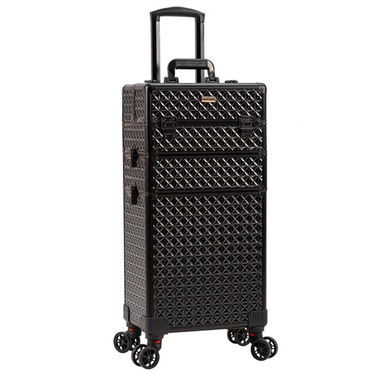 JINGUAN 3 in 1 Rolling Makeup Train Case Professional Cosmetic Trolley Large Storage with Keys Swivel Wheels Salon Barber Case Traveling Cart Trunk for Make Up Hairstylists Nail Tech Black