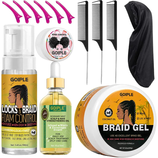 Strong Hold Extra Hold Braiding Gel & Edge Tamer - Tames Frizz Smoothing Mousse for Twists Locs Braids Cornrows (with Hair Oil Hair Combs Bonnet and Clips)