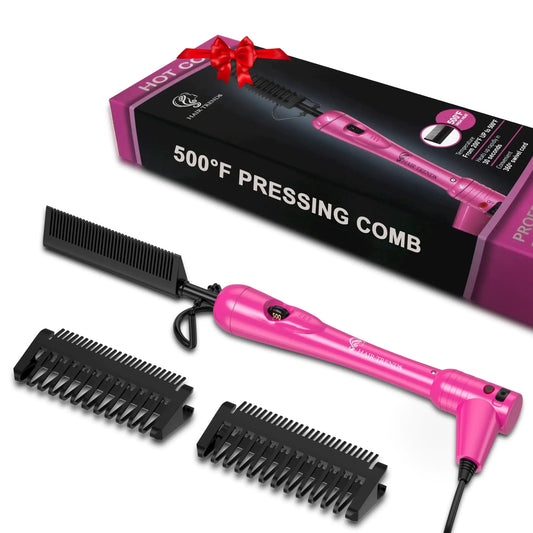 Mini Pink Hot Comb 500 Degree Dual Voltage Electric Pressing Comb for Black Hair Portable Ceramic Straightening Comb Anti-Scald Plug in Hot Comb Hair Straightener for Wigs 4C Hair & Beard