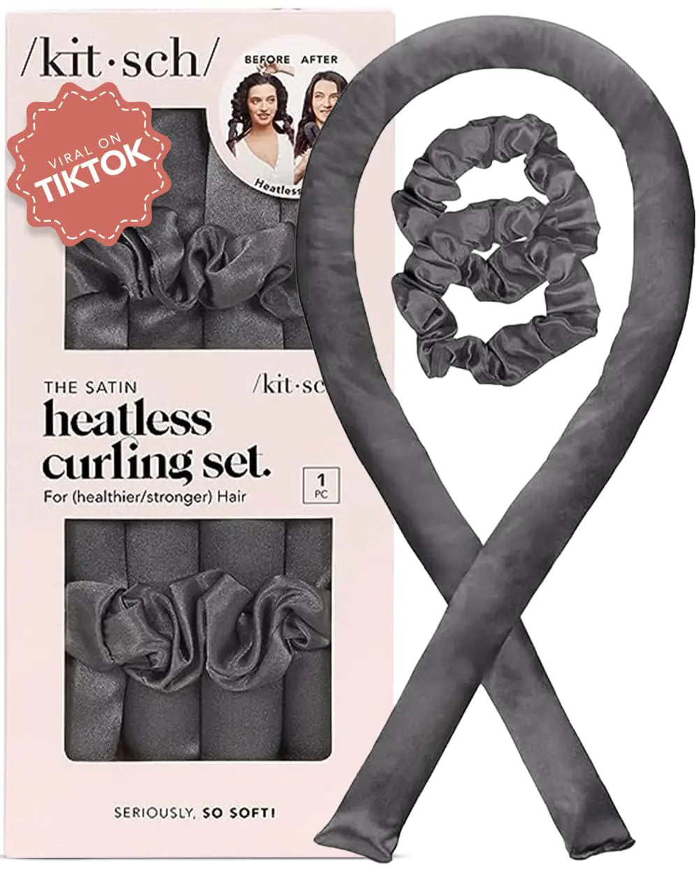 Lala Hair Satin Heatless Curling Set - Heatless Hair Curler To Sleep In Heat Free Curls Overnight for Frizz-Free Soft Curls - For All Hair Types - Includes Satin Curling Rod & 2 Scrunchies - Charcoal