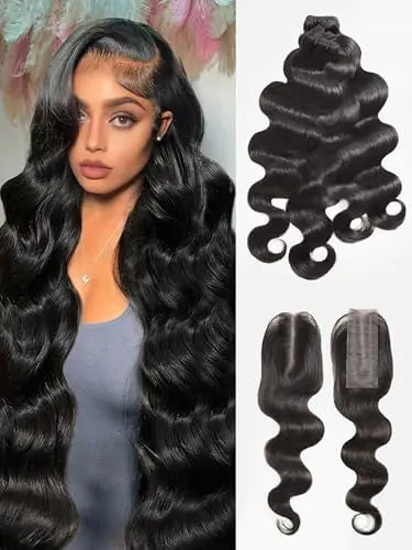 Body Wave Human Hair Bundles 18 20 22 24 4 Bundles Human Hair Extensions Natural Black Color Brazilian Virgin Unprocessed Human Hair with Mono Top Closure