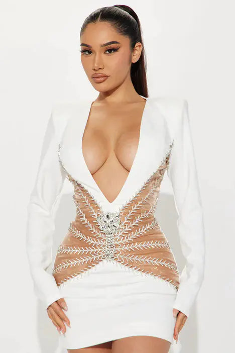 Graceful Rhinestone Tassel V-neck One-Piece Dress