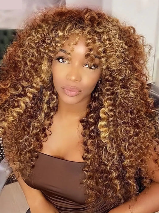 Lala Hair Highlight Curly Wig with Bangs Human Hair 4x4 HD Highlight Lace Glueless Wigs Human Hair Cury Wave Human Hair Wigs with Bangs for Black Women 22inch