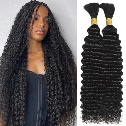 Lala Human Braiding Hair Deep Water Wave Bulk Human Hair for Braiding 110g 28 Inch Curly Human Hair Extensions for Boho Braids No Weft 12A Wet and Wavy Human Hair Braiding Hair 2 Bundles/Pack Natural Color