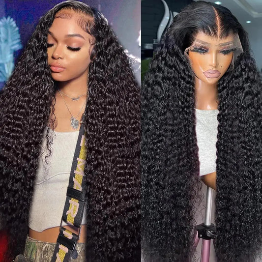 Deep Wave Lace Front Wigs Human Hair 180% Density 13x4 Curly Lace Front Wig Human Hair Wigs for Black Women 13x4 HD Lace Frontal Glueless Wigs Human Hair Pre Plucked Natural Color(34 Inch)