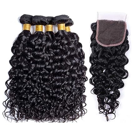 Lala Hair Water Wave Bundles With Closure Human Hair Brazilian Human Hair 3 Bundles with 4x4 Lace Closure Free Part 10A 100% Unprocessed Virgin Water Weave Hair Extensions Natural Color for Black Women (10 12 14+10 closure