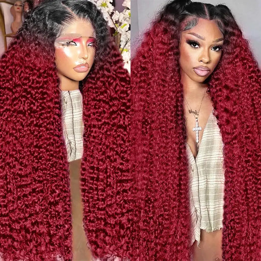 32Inch 250 Density Burgundy Deep Wave Lace Front Wigs Human Hair Pre Plucked Wigs 13x6 1B/99J Water Wave Human Hair for Women 13x6 HD Lace Front Wigs Burgundy Deep Human Hair Wig
