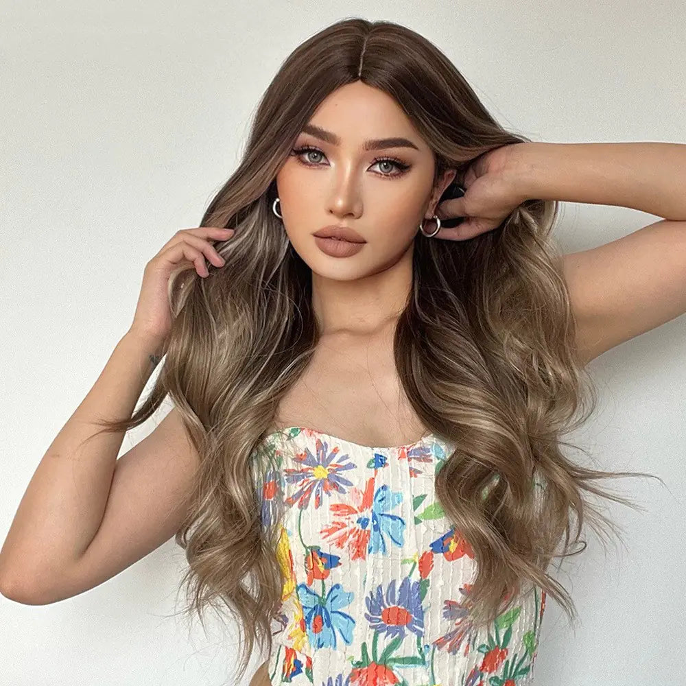 Medium Gradient Gray and Brown Long Curly Wig