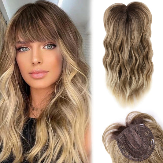 Lala Hair Toppers for Women with Thinning Hair 18inch Long Wavy Hair Toppers Hair Pieces for Women Synthetic Hair Topper Wiglets Ombre Walnut Brown to Ash Brown and Bleach Blonde