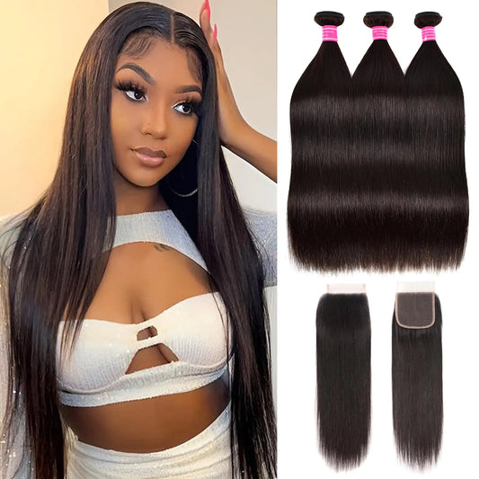 10A Straight Bundles with Closure Human Hair 20 22 24 with 18 Inch Brazilian Human Hair Bundles with Closure 100% Unprocessed Virgin Remy Straight Hair Weave 3 Bundles with 4x4 Lace Closure Free Part