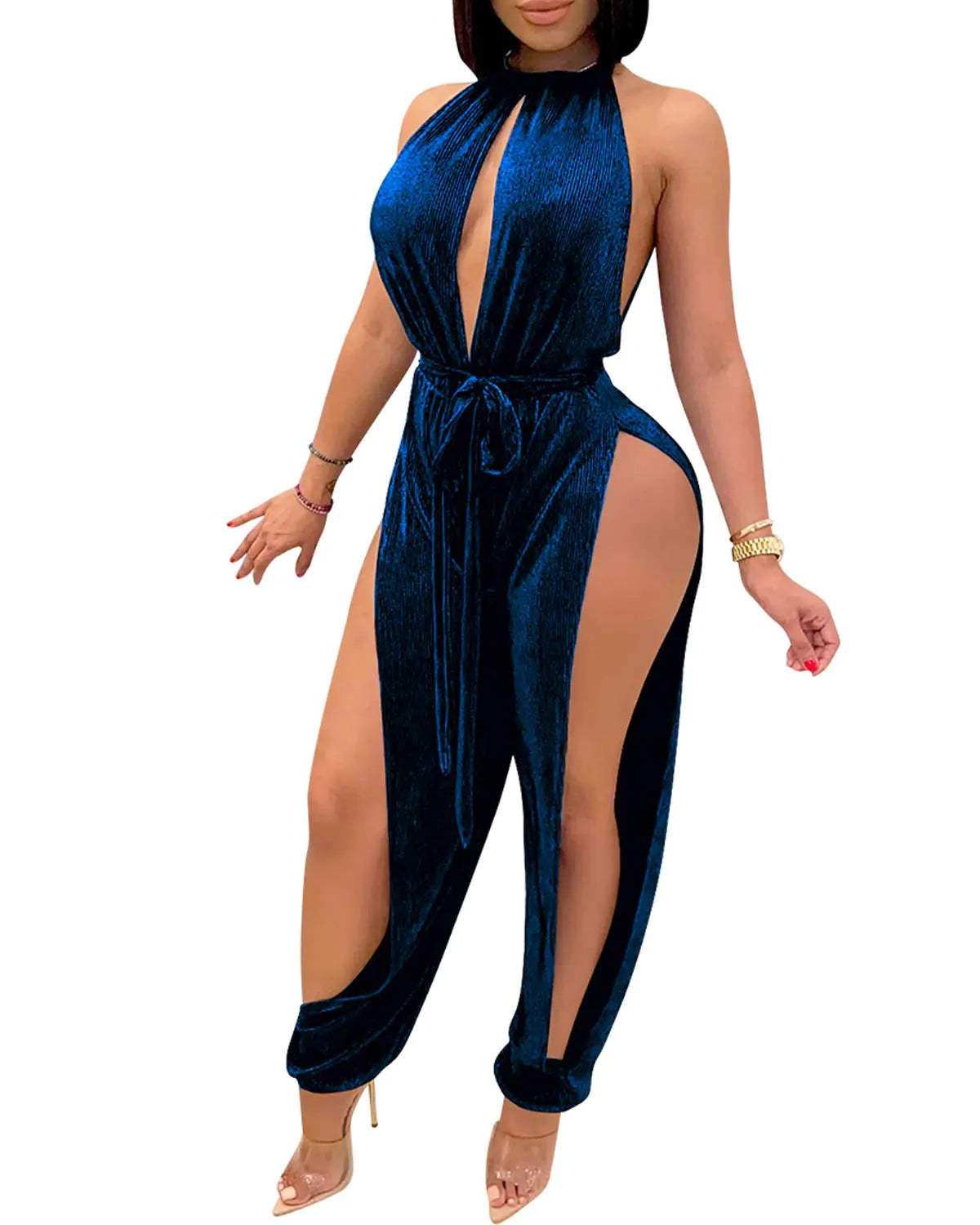 Sexy Jumpsuits for Women Halter Sleeveless Party Outfits Hight Split Velvet Pants Hollowing Out Romper (3737BlueL)