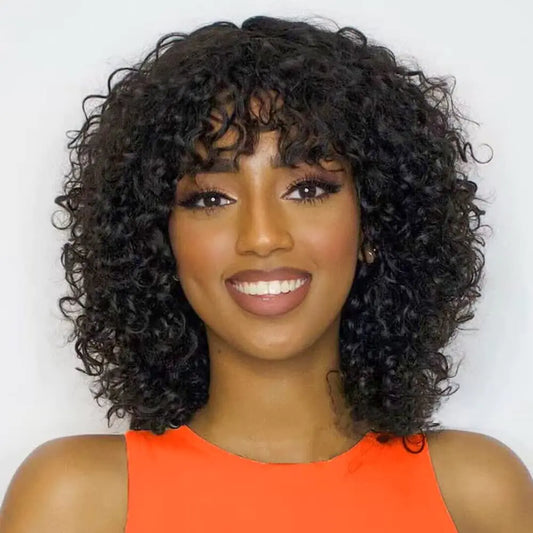 Lala Short Bob Curly Human Hair Wigs with Bangs Wear and Go Glueless None Lace Front Human Hair Wigs for Black Women 180% Density Brazilian Unprocessed Virgin Kinky Curly Fringe Bang Wig Human Hair 14 inch