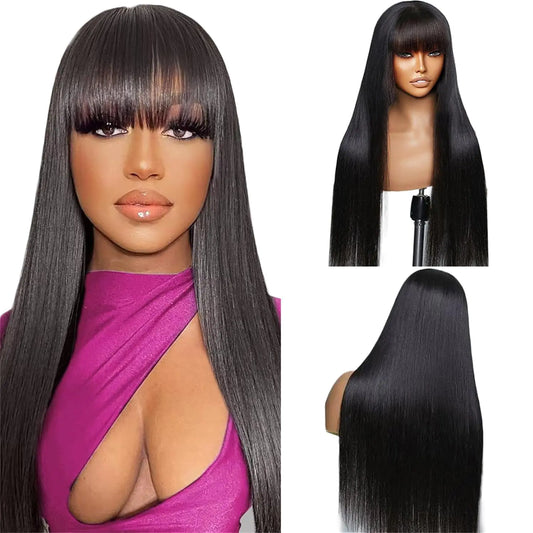Lala Hair Brazilian Virgin Straight Human Hair Wigs with Bangs 180% Density None Lace Front Wigs Glueless Machine Made Wigs for Black Women Natural Color(24inch)