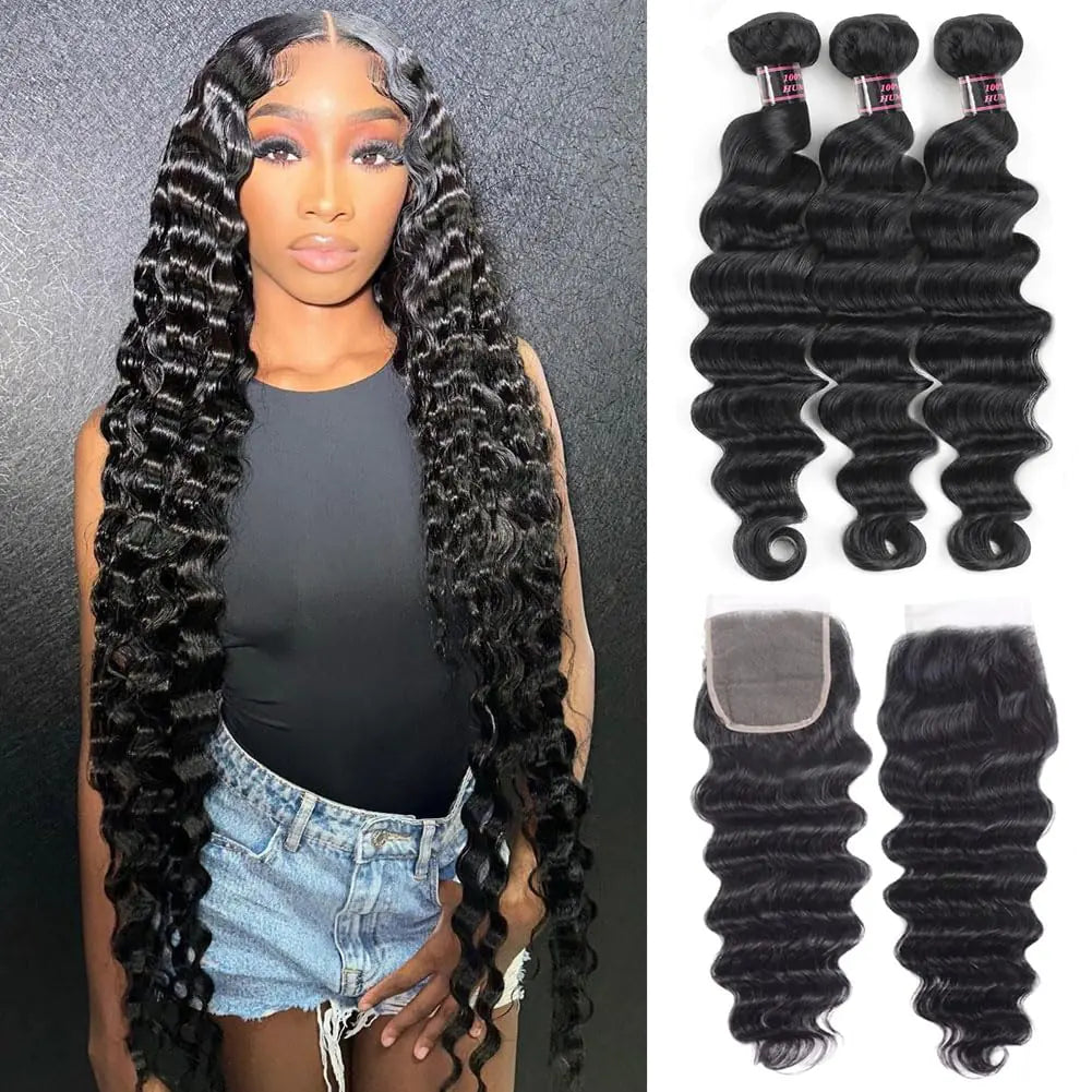 Loose Deep Wave Bundles with Closure (22 24 26+20,Free Part)Loose Wave Human Hair Bundles with Lace Closure Brazilian Human Hair Weave Bundles with Closure Virgin Hair Weft 150% Density Natural Color