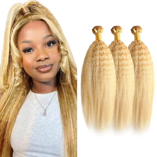 Blonde Bundles Human Hair P27/613 Blonde Human Hair Kinky Straight Bundles 22 24 26 Inch Highlight Blonde Bundles Human Hair 10A Unprocessed Brazilian Virgin Weave Hair 3 Bundles 50 Gram Per Bundle