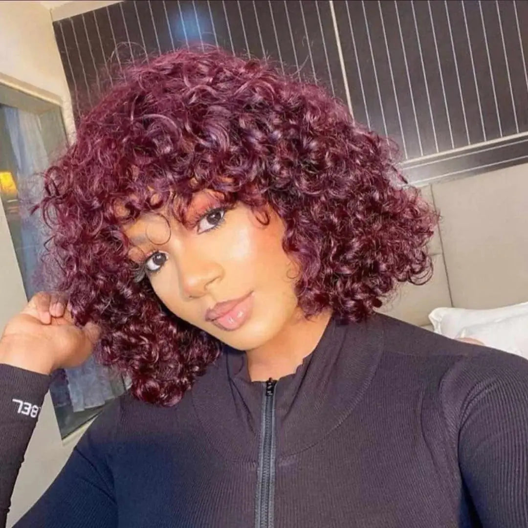 Burgundy Short Curly Human Hair Wigs with Bangs Glueless Wigs for Black Women Wear and Go Red None Lace Front Wigs Human Hair Brazilian Deep Wave Curly Wigs with Bangs 99J#