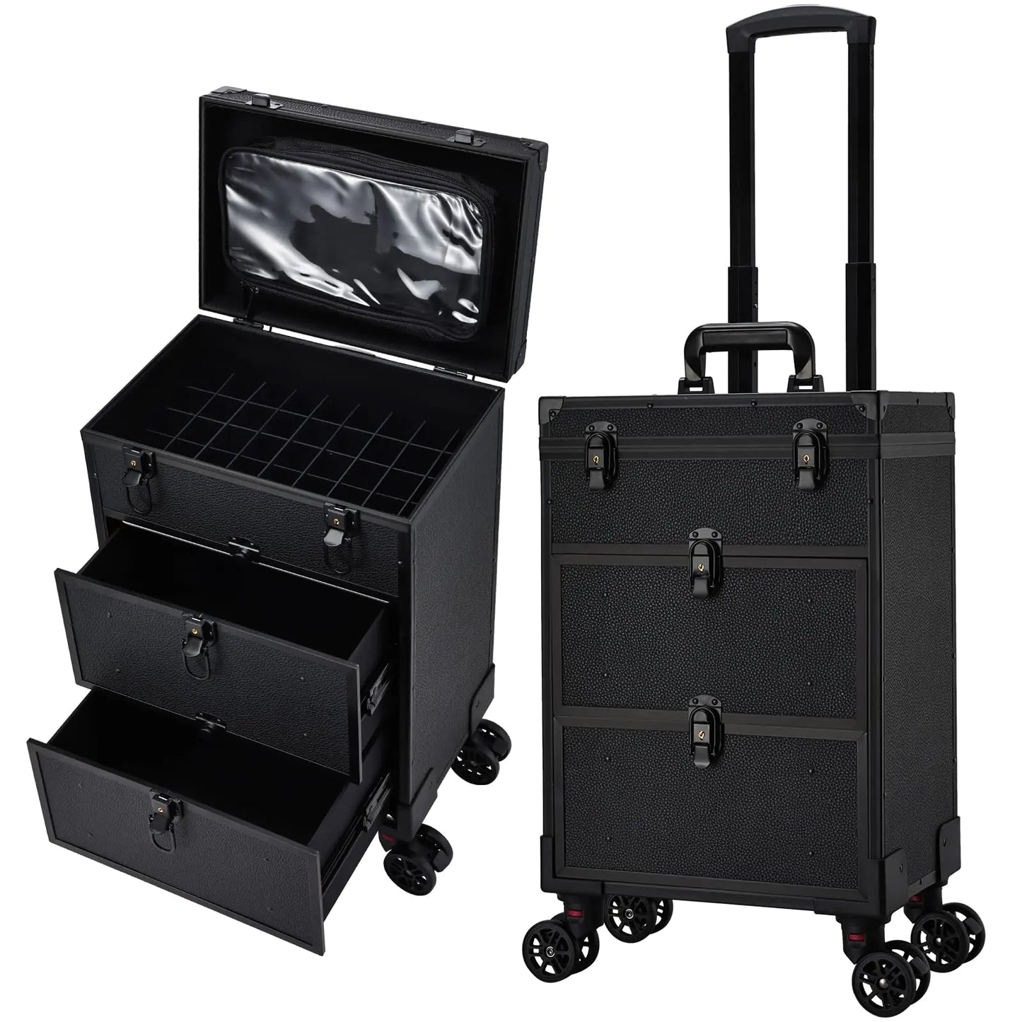 Professional 3 in 1 Rolling Makeup Case Cosmetology Case on Wheels 2 Large Drawer Nail Case Trolley Traveling Cosmetic Train Case with Makeup Pouch for Artists Nail Technician Salon Cart Trunk Black