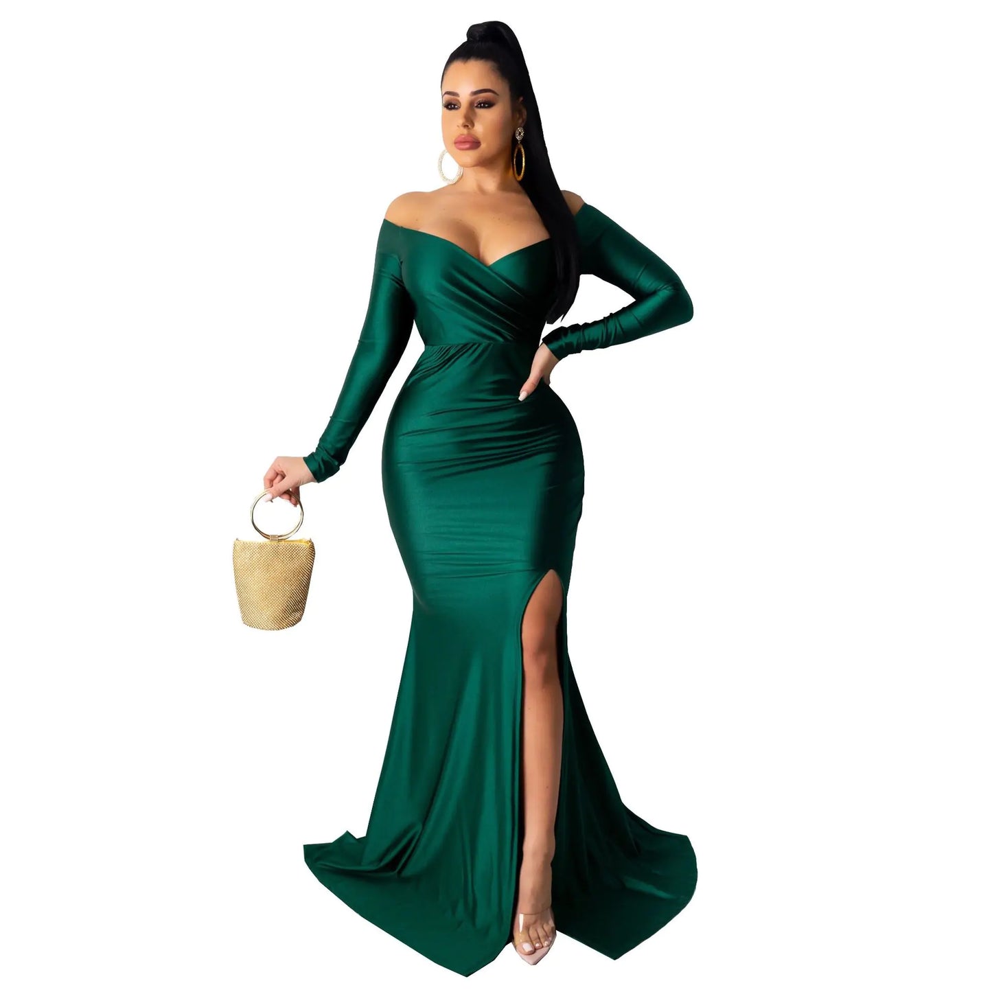 Sexy V-Neck Long Sleeve Dress with High Slit