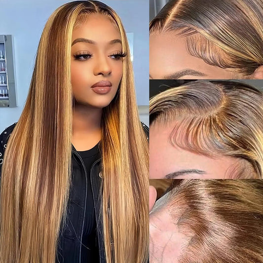 Lala Hair 32 Inch Ombre Lace Front Wigs Human Hair Pre Plucked180% Density Glueless 4/27 Colored Honey Blonde Wig Human HairHighlight 13x6 HD Lace Front Wigs Human Hair for Black Women