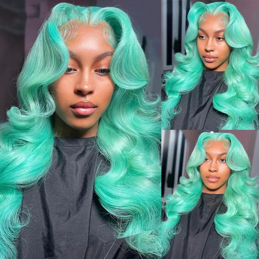 Msviki Mint Green 13x4 Body Wave Lace Front Wigs Human Hair 200 Density Pre Plucked Pre Cut UHD Lace Glueless Wig Colored Brazilian Virgin Hair Wigs For Black Women 26 inches