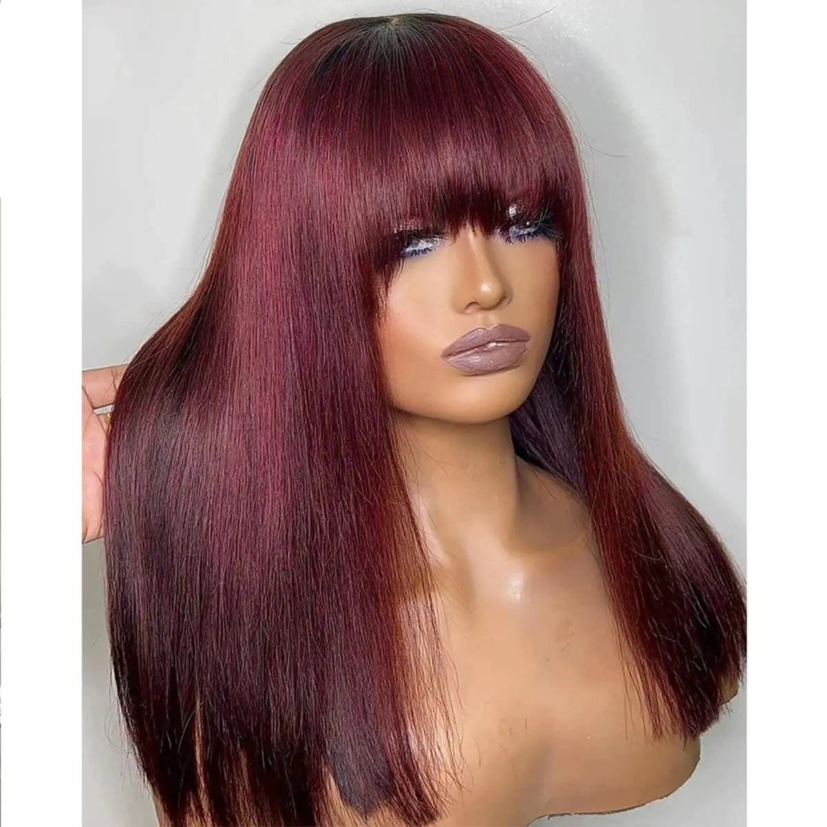 Burgundy Wig Human Hair Red Wigs with Bangs Brazilian Virgin Straight Wig with Bangs Full Machine Made None Lace Front Wigs For Black Women 14 Inch