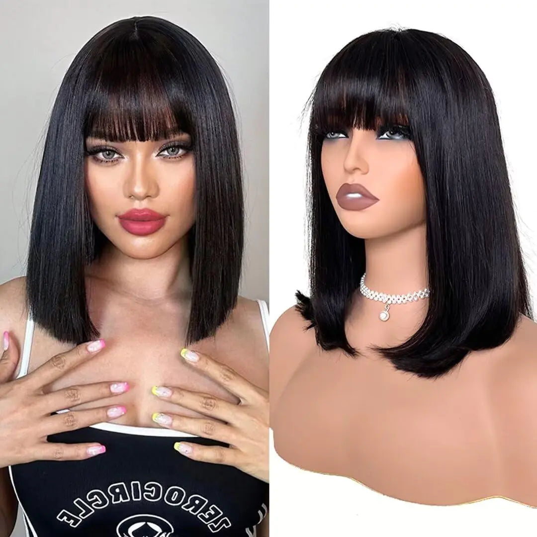 Lala Hair Bob Wig Human Hair 10inch Human Hair Wigs with Bangs 3x1 Bob Lace Front Wigs Human Hair Glueless Wigs for Black Women Natural Black