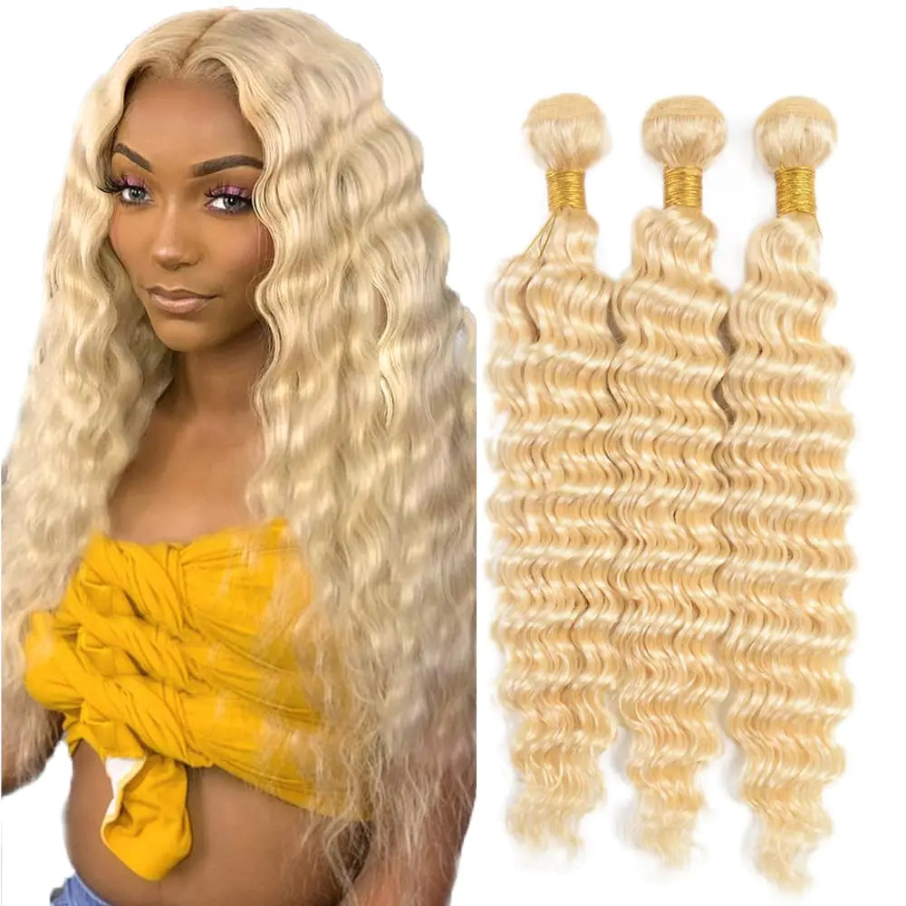 #613 Blonde Deep Wave Bundles Human Hair 12 14 16 Inch 10A Unprocessed Brazilian Virgin Hair 3 Bundles Weave Hair Extensions 50 Gram Per Bundle