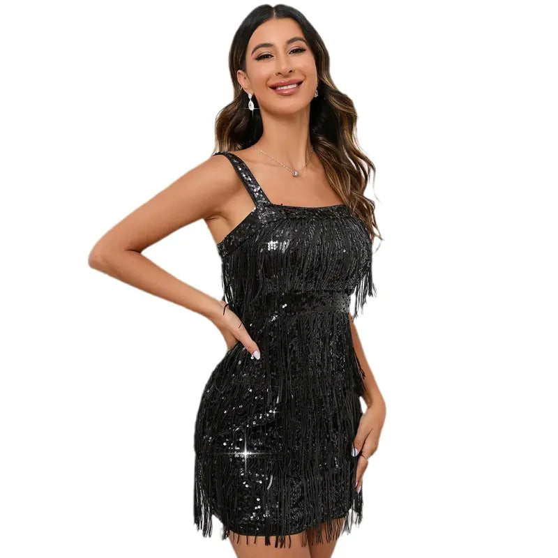 Solid Color Tassel Sequin Party Dress for Women