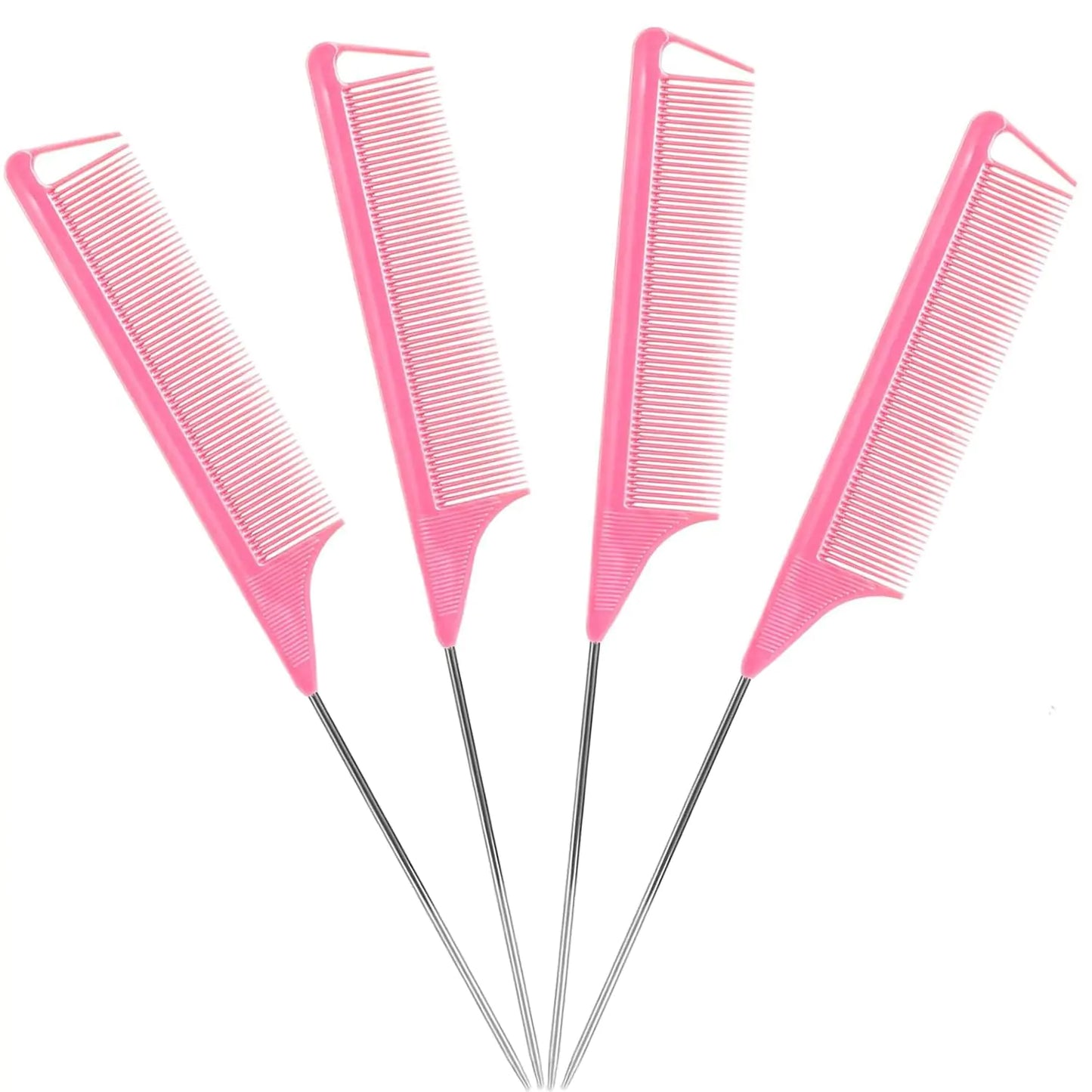 Rat Tail Comb，Parting Comb Metal Long Steel Pin Rat Tail Combs set，Combs for Hair Stylist，Hair Combs for Women（4PacksPink）