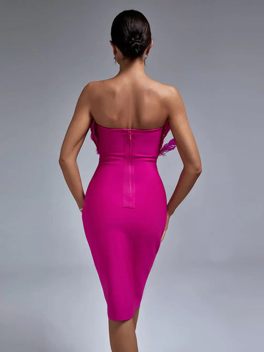 Pink Feather Bodycon Midi Dress for Women - Elegant Party