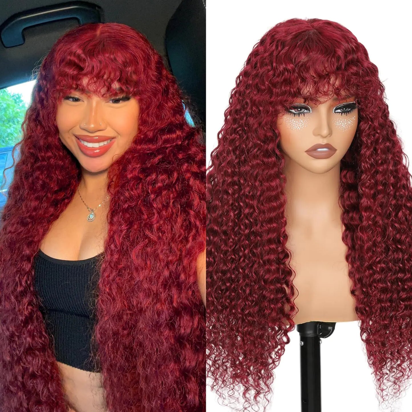 JuneMet 99J Burgundy Curly Wig with Bangs Human Hair 2x4 Lace Closure Water Wave Wear and Go Glueless Color Wigs Red wig with Bangs Colored 100% Brazilian Human Hair for Black Women 26 Inch