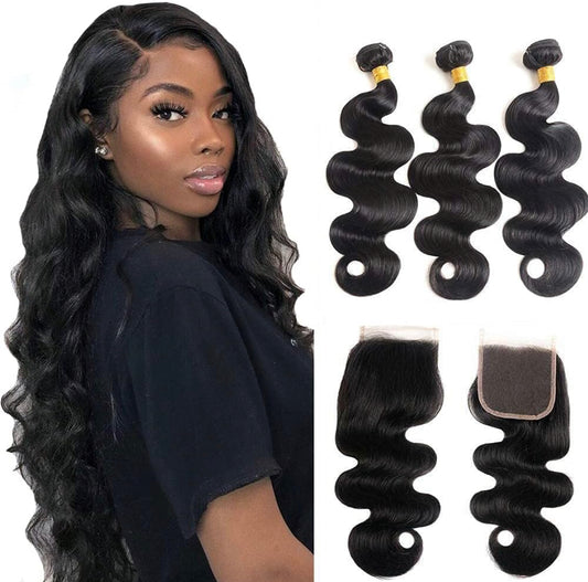 Lala Hair Body Wave 3 Bundles with Closure 100% Unprocessed Brazilian Body Wave Human Hair Weave with 4x4 Free Part Lace Closure Natural Color (18 20 22+16", Bundles with Closure)