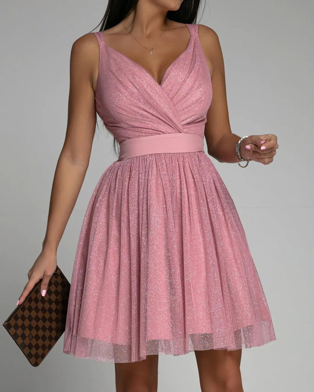 Elegant Glitter Sleeveless Deep V Neck Party Dress for Women