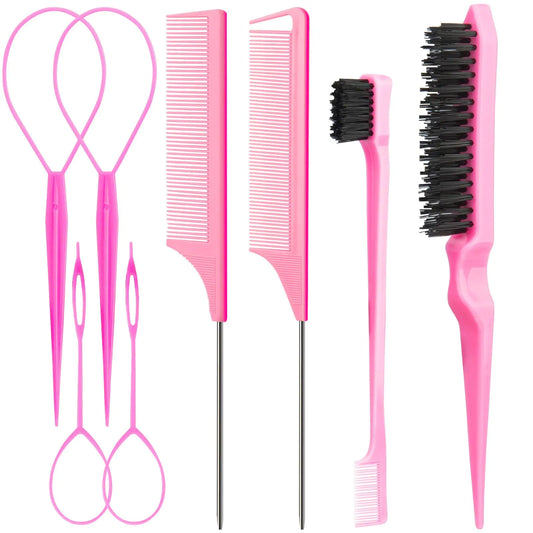 Lala Hair 8Pcs Hair Styling Combs Set Include 4Pcs Topsy Hair Tail Tools 2 Styles of Rat Tail Comb1Pcs Bristle Teasing And Slick Back Hair Brush1Pcs Edge Control BrushEyebrow Brush for Woman Girl Pink