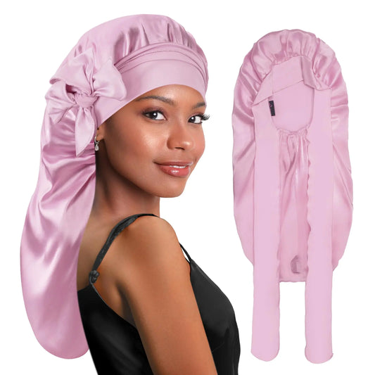 BONNET QUEEN Silk Bonnet Satin Bonnet Braid Bonnet Long Bonnet for Braids Hair Bonnet for Sleeping with Tie Band for Women Curly Hair locs Dreadlocks Light Rose Gold