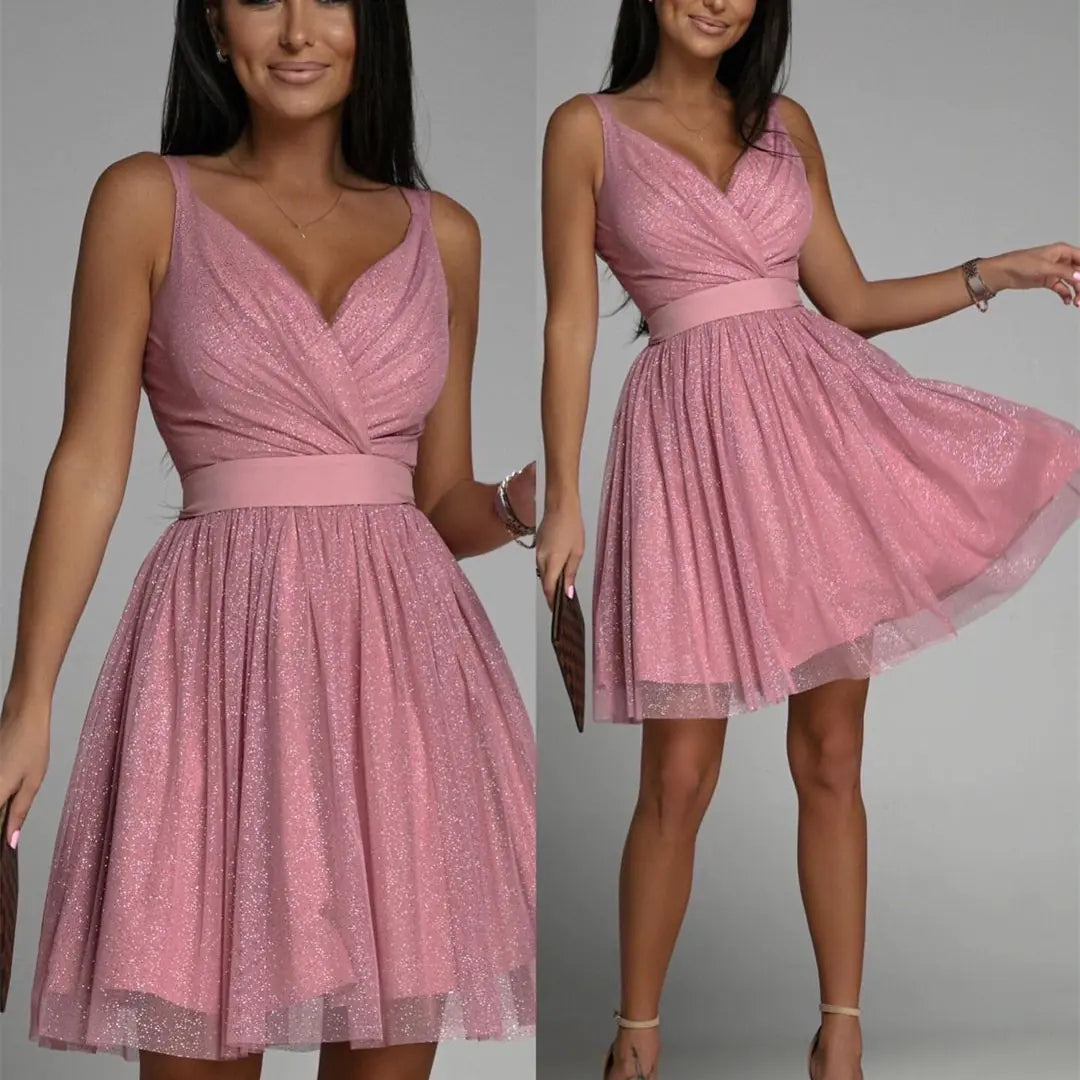 Elegant Glitter Sleeveless Deep V Neck Party Dress for Women