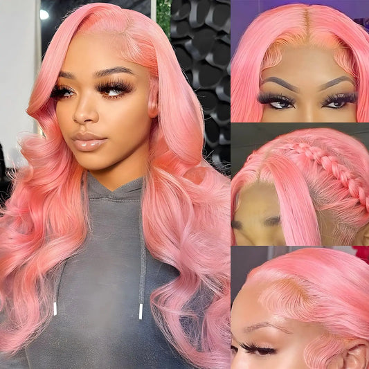 Lala Hair Pink Lace Front Wig Human Hair 13x4 HD Lace Front Wigs Human Hair Pre Plucked Body Wave Pink Lace Frontal Wig Human Hair 180% Density Pink Glueless Wig 28inch