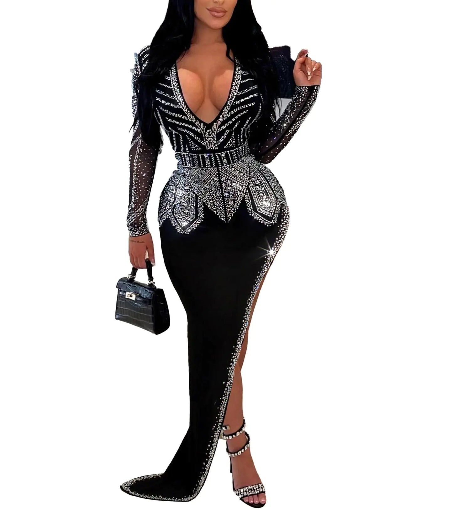 Women V-Neck Rhinestone and High Slit Sexy Dress with Long Sleeve Ruffle Birthday Party Dresses Evening Gown Clubwear(SK3109-Black-XXL)