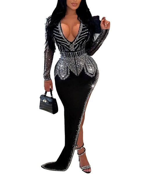 Women V-Neck Rhinestone and High Slit Sexy Dress with Long Sleeve Ruffle Birthday Party Dresses Evening Gown Clubwear(SK3109-Black-XXL)