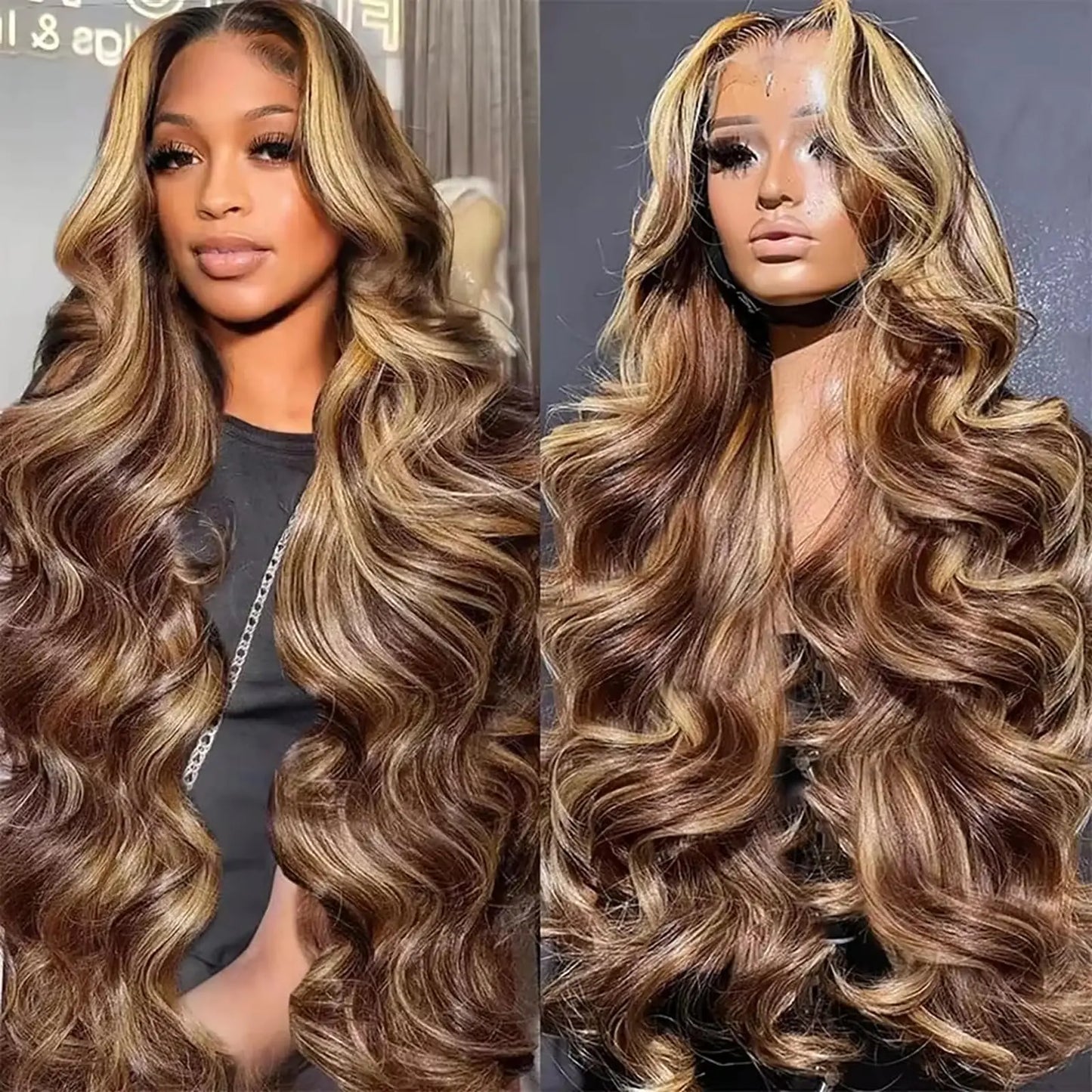 Lala Hair 34 Inch Ombre Lace Front Wig Human Hair 13x6 Highlight Body Wave Wigs Human Hair Pre Plucked 180 Density #4/27 Colored Glueless Wigs Honey Blonde Brazilian Lace Frontal Wigs Human Hair for Women
