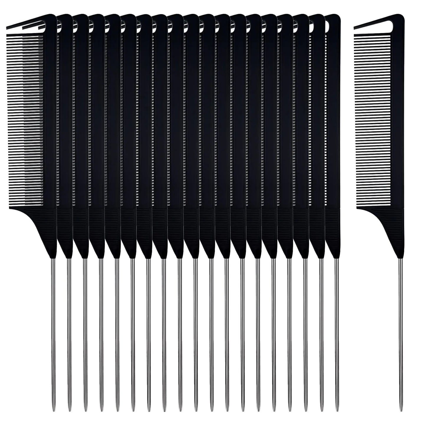 40Pcs Metal Rat Tail Comb 8.85 Inch Comb with Parting Tip Stainless Steel Pintail Comb Carbon Fiber Anti Static Heat Resistant Comb for Curly Braiding Styling Hair (Black)