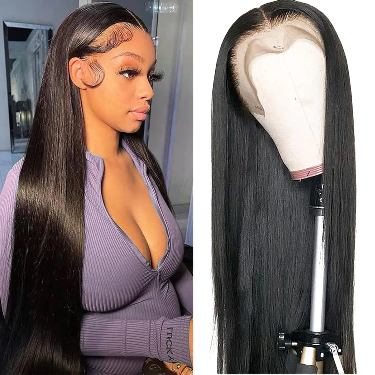 Violly Straight Lace Front Wigs Human Hair Pre Plucked 180 Density Glueless Wigs Human Hair Natural Hairline 13x4 HD Straight Lace Frontal Wigs Human Hair Wig For Black Women With Baby Hair 24 Inch