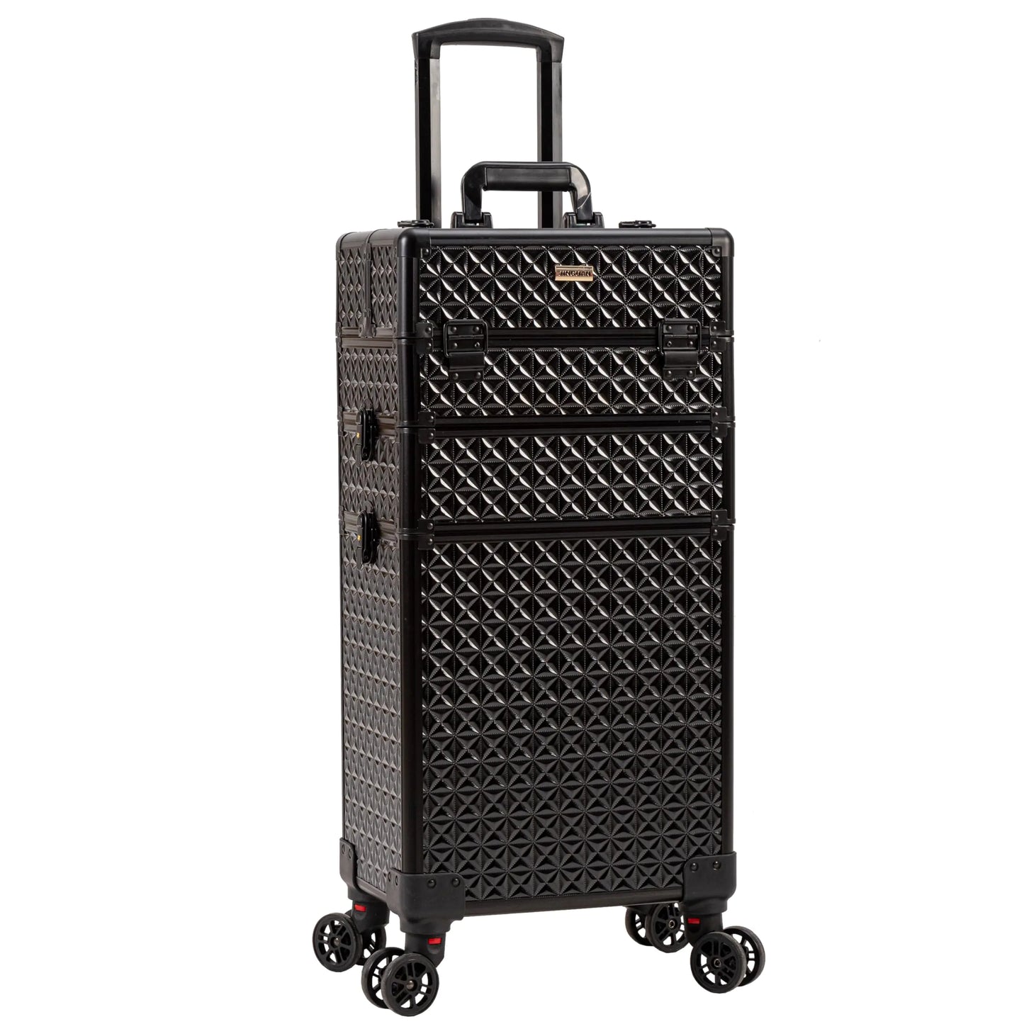 JINGUAN 3 in 1 Rolling Makeup Train Case Professional Cosmetic Trolley Large Storage with Keys Swivel Wheels Salon Barber Case Traveling Cart Trunk for Make Up Hairstylists Nail Tech Black