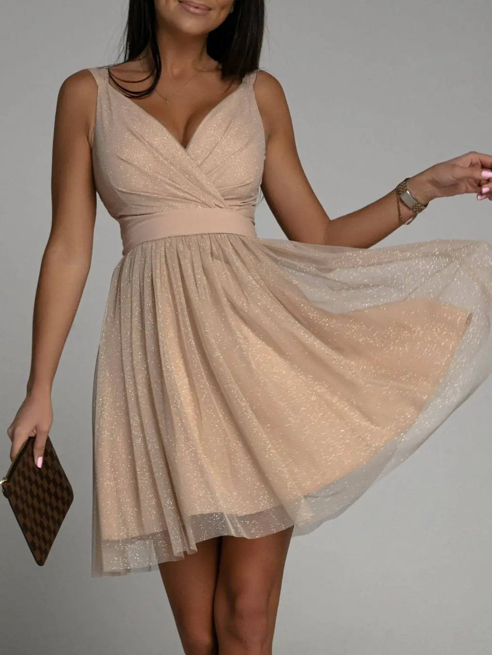 Elegant Glitter Sleeveless Deep V Neck Party Dress for Women