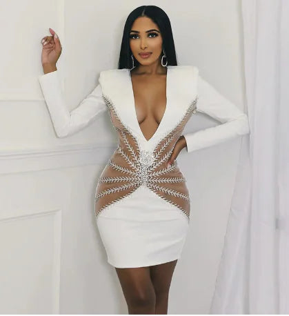 Graceful Rhinestone Tassel V-neck One-Piece Dress