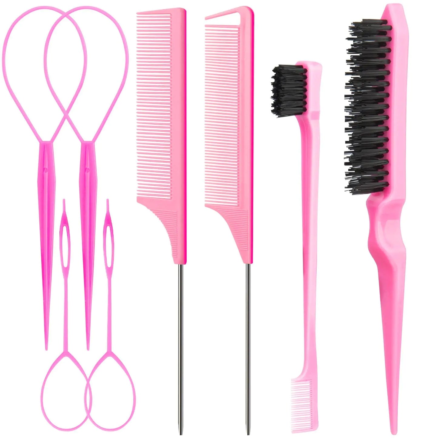 Lala Hair 8Pcs Hair Styling Combs Set Include 4Pcs Topsy Hair Tail Tools 2 Styles of Rat Tail Comb1Pcs Bristle Teasing And Slick Back Hair Brush1Pcs Edge Control BrushEyebrow Brush for Woman Girl Pink