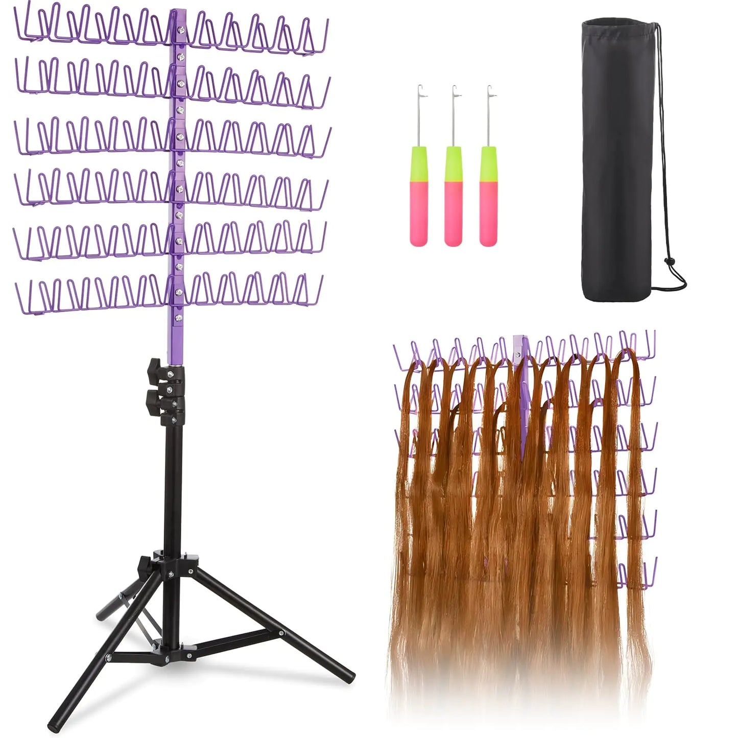 Lictin Braiding Hair Rack with 120 Pegs Height Adjustable Braiding Rack 2-Side Metal Hair Rack for Stylists/Home/Salon Hair Braiding Stand with Stylist Hair Braiding ToolsPurple