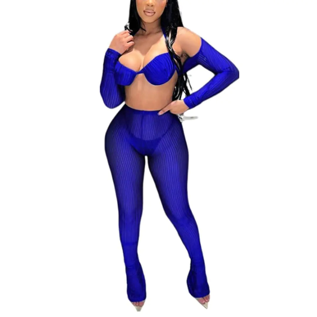 Birthday Outfits for Women Sexy 2 Piece Outfits Clubwear Mesh See Through Crop Top Bodycon Flare Pants Set Royal Blue M