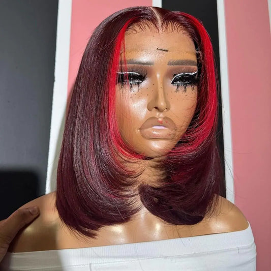 Lala hair Highlight Red 99J Bob Wig Human Hair 180 Density 13x4 Lace Front Wigs for Women Red Highlight Burgundy Transparent Lace Frontal Straight Short Bob Wig Human Hair Wigs Pre Plucked 14 Inch